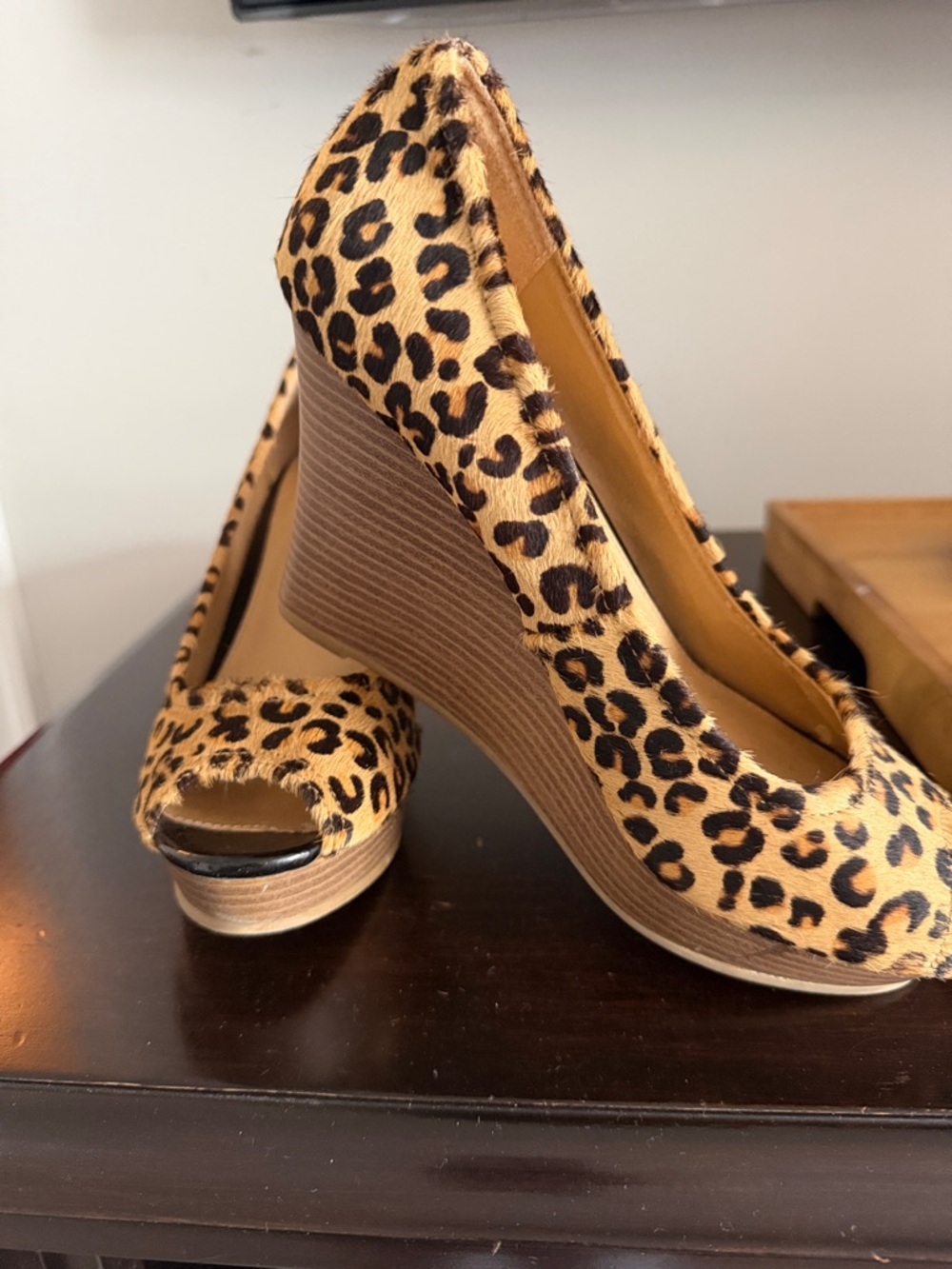 Express Leopard Print Peep-Toe Wedge Heels - Tan/Black